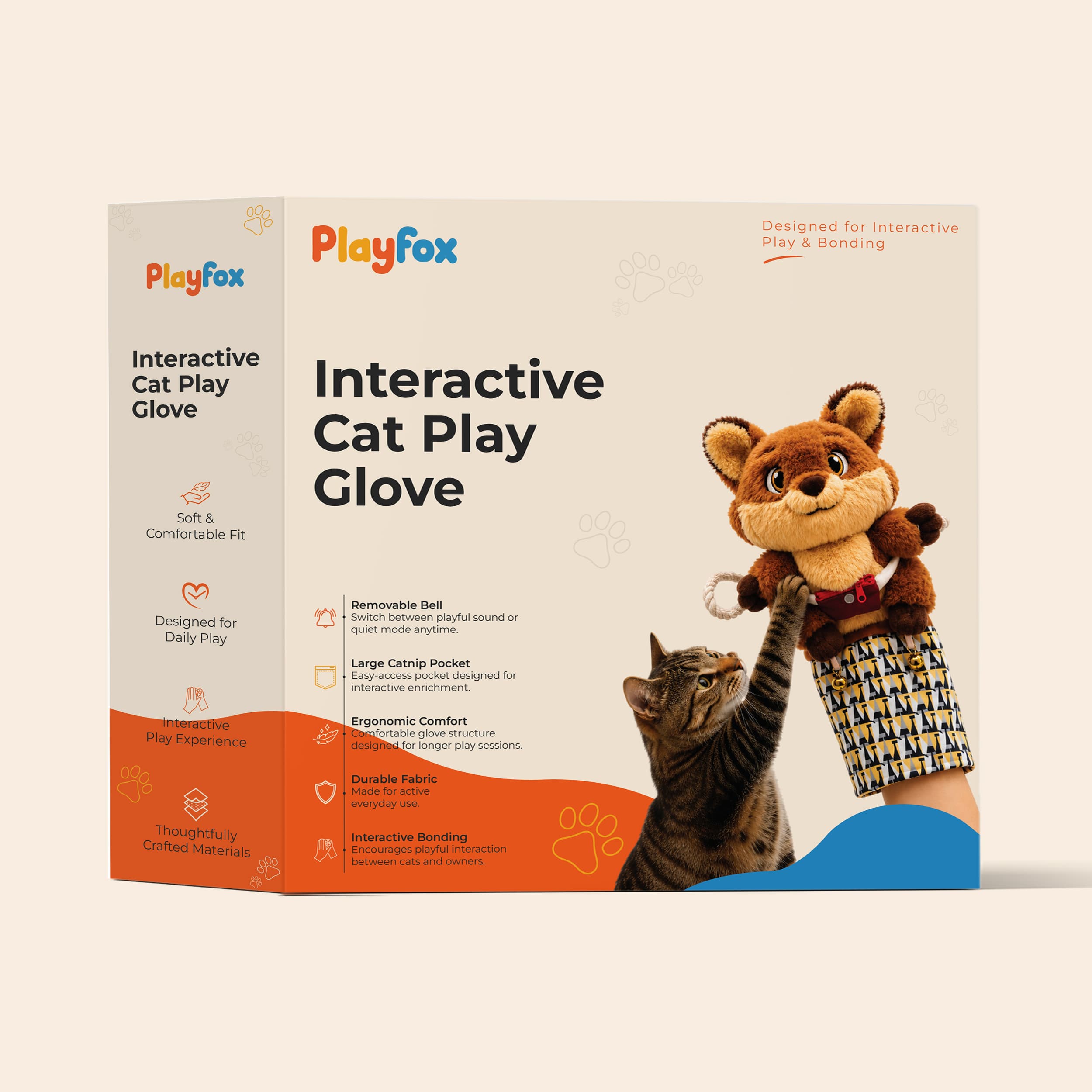 Playfox product box with branded packaging and QR code label