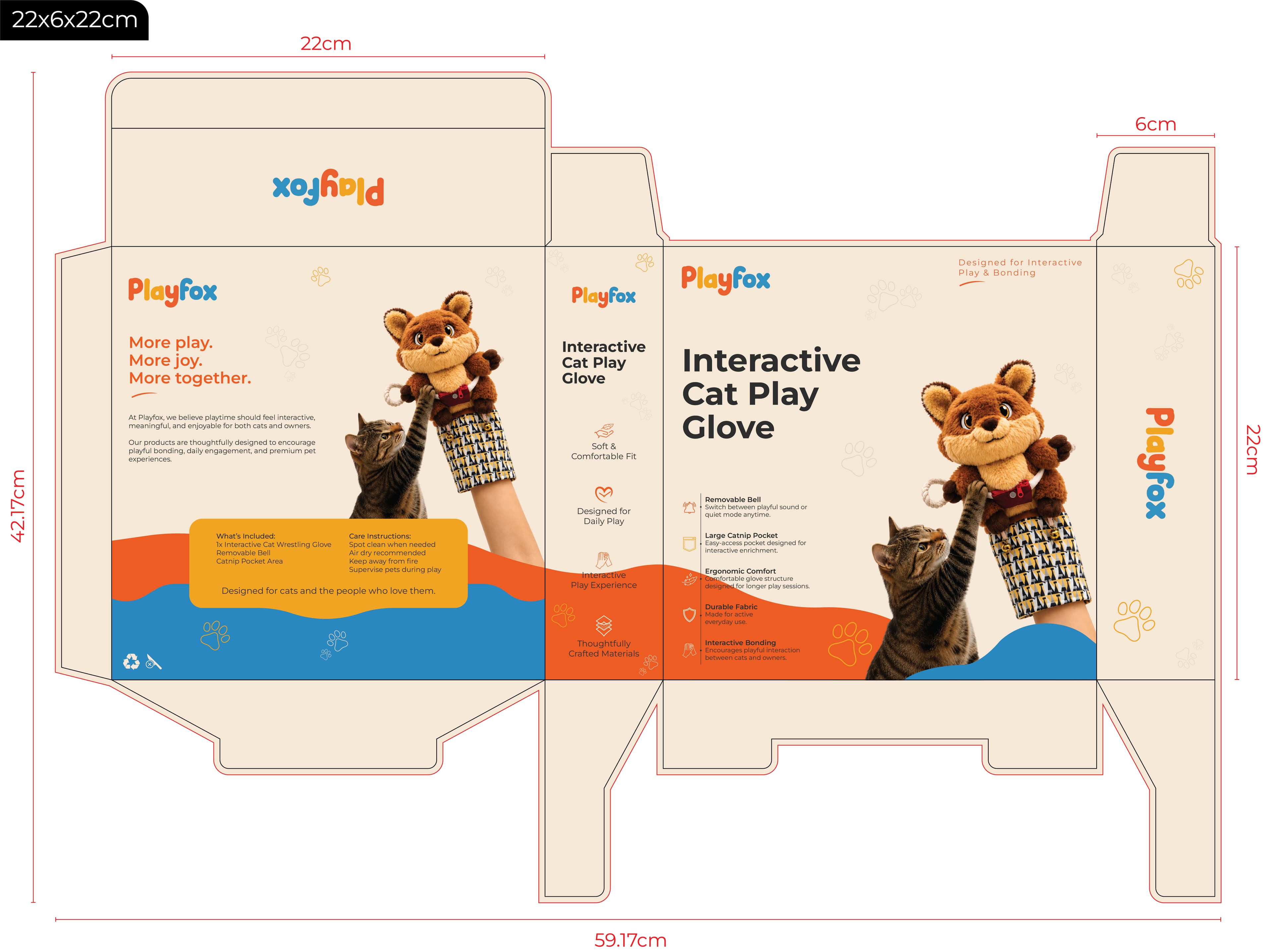 Playfox Interactive Cat Play Glove packaging design with product features and playful branding